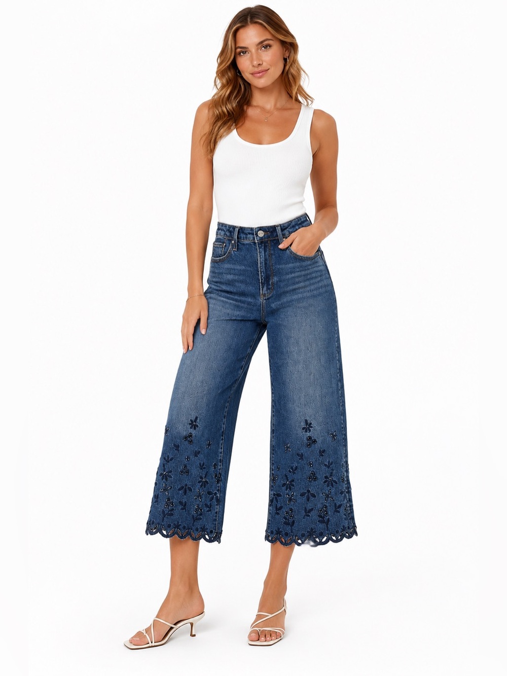 DRIFTWOOD Martha Wide Leg Capri Jeans Embroidered Scallop Hem Boho Denim  27